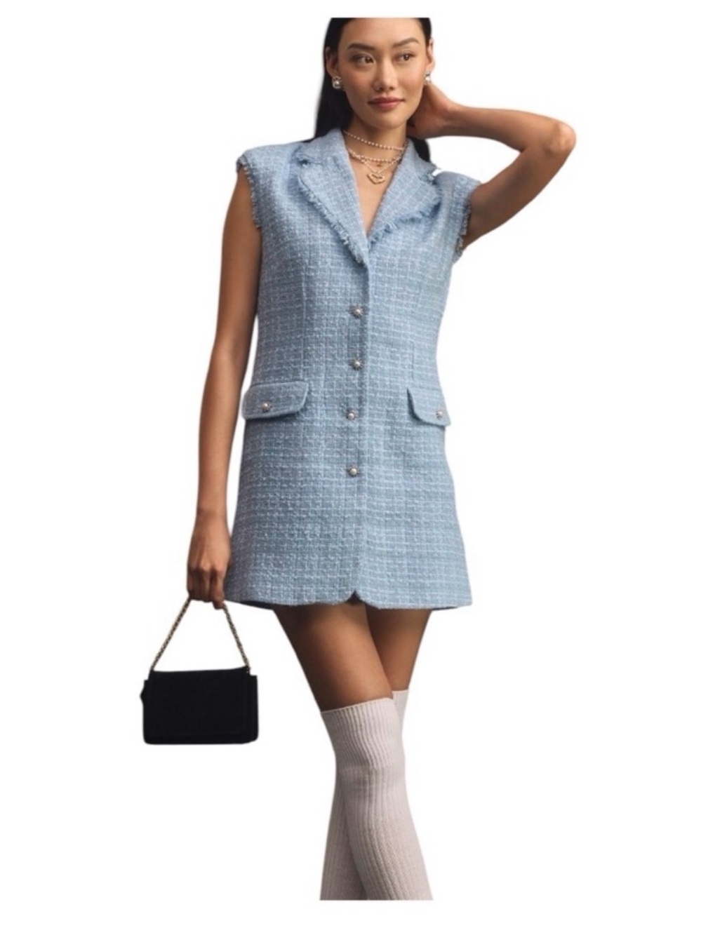 Maeve Anthropologie Blue Tweed Pearl Button Blazer Mini Dress NWOT Size 8